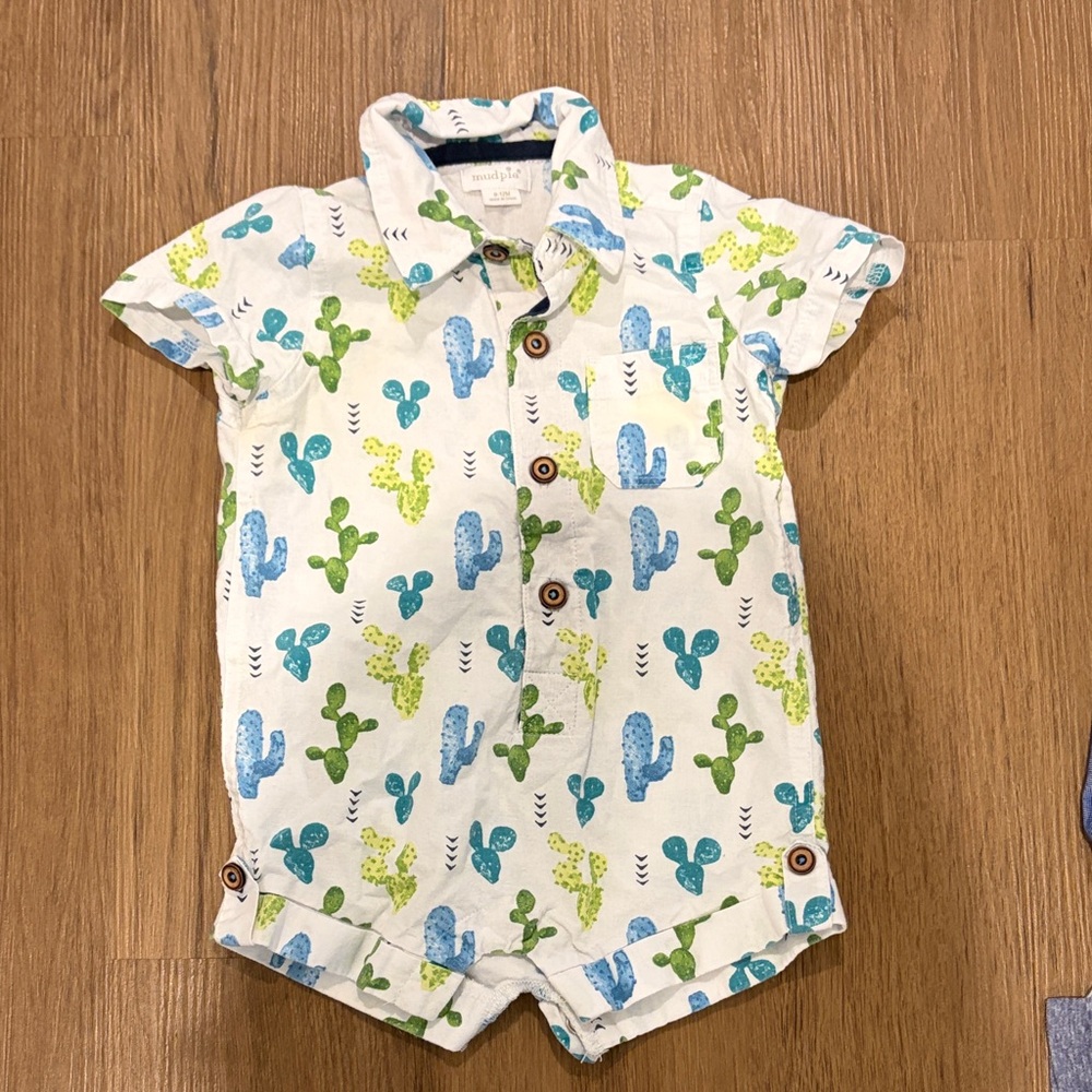 Mud Pie Blue and Green Cactus Baby Romper
